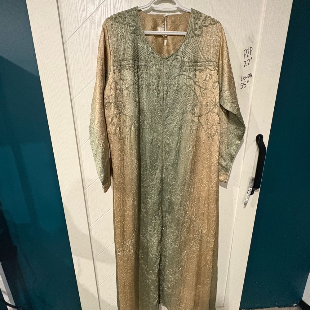 Vintage Silk Beaded Caftan Maxi Dress Gold Green‎ Metallic Embroidered India L
